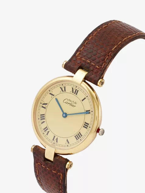 RESELFRIDGES WATCHES Pre-Loved Cartier Must De Vendome 1980s Gold-Plated Vermeil and Leather Quartz Watch 30mm