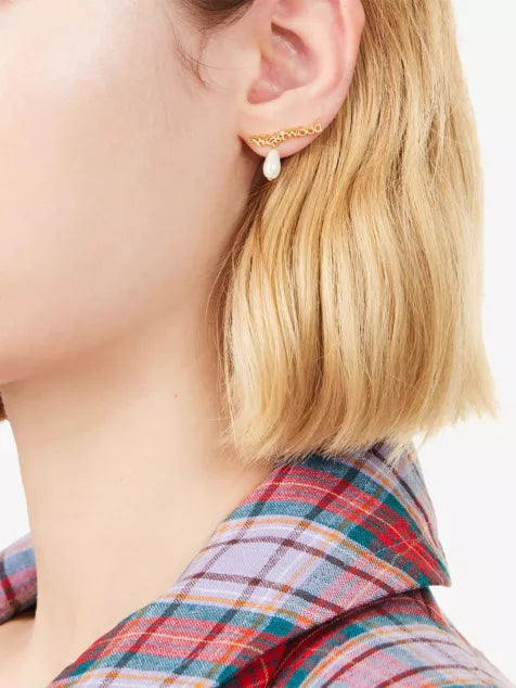 Amelia Gold-Pleated Brass and Faux-Pearl Earrings