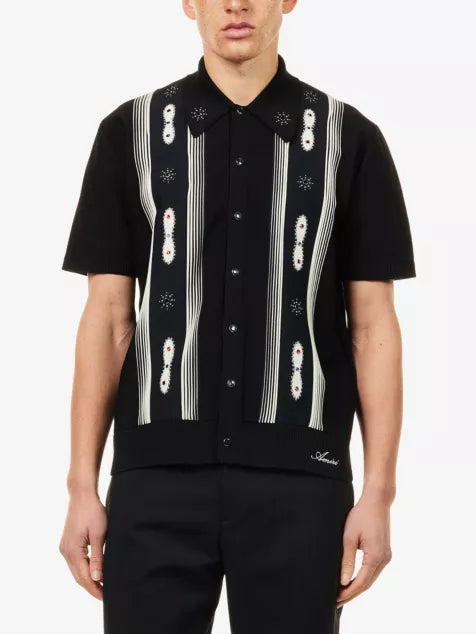 Stud Stripe Short-Sleeves Wool-Blend Shirt