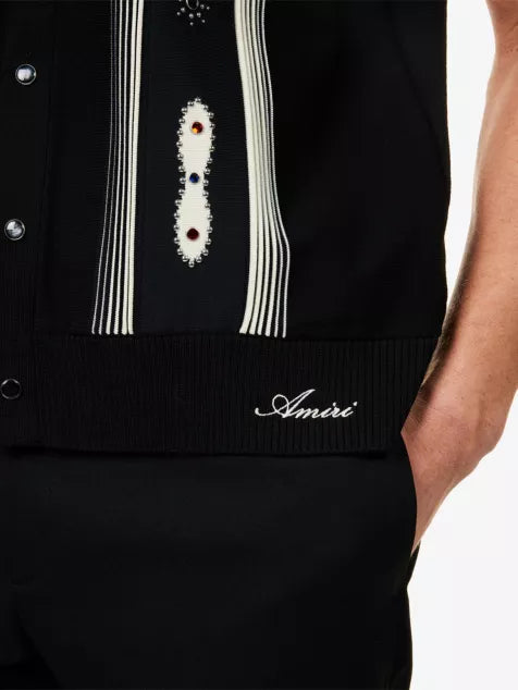 Stud Stripe Short-Sleeves Wool-Blend Shirt