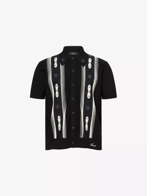 Stud Stripe Short-Sleeves Wool-Blend Shirt