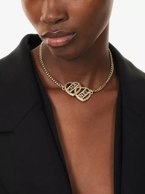 RESELFRIDGES Pre-Loved Chanel Gold Plated Heart Logo Rhinestone Necklace