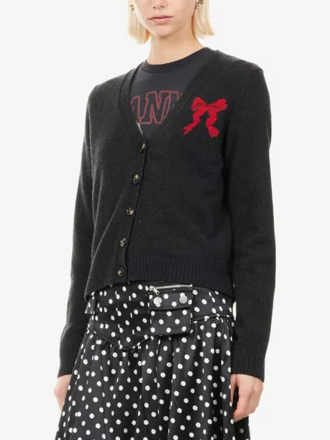 GANNI Bunny-Intarsia V-Neck Wool-Blend Cardigan