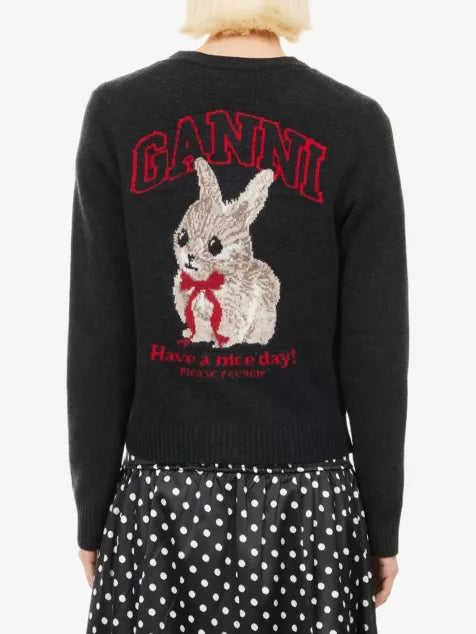 GANNI Bunny-Intarsia V-Neck Wool-Blend Cardigan