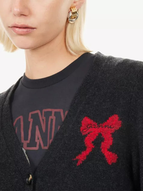 GANNI Bunny-Intarsia V-Neck Wool-Blend Cardigan