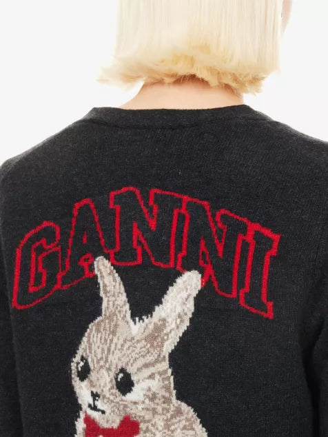 GANNI Bunny-Intarsia V-Neck Wool-Blend Cardigan