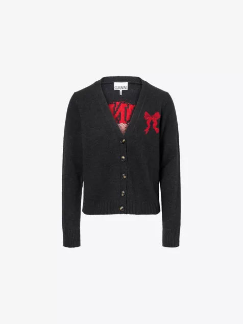 GANNI Bunny-Intarsia V-Neck Wool-Blend Cardigan
