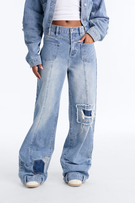No Return Reconstructed Wide Leg Jeans - Medium Wash