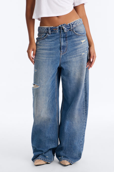 Weekend Boyfriend Foldover Baggy Wide Leg Jeans - Dark Wash