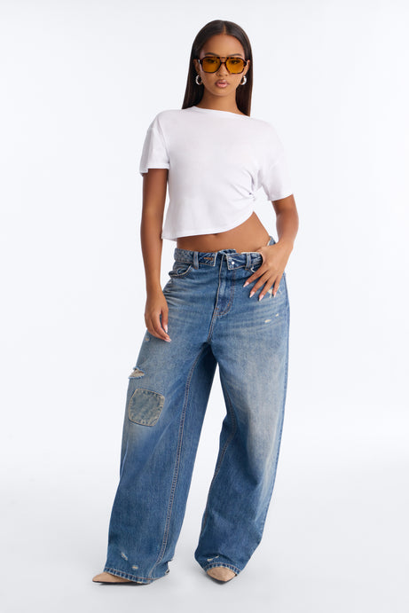 Weekend Boyfriend Foldover Baggy Wide Leg Jeans - Dark Wash