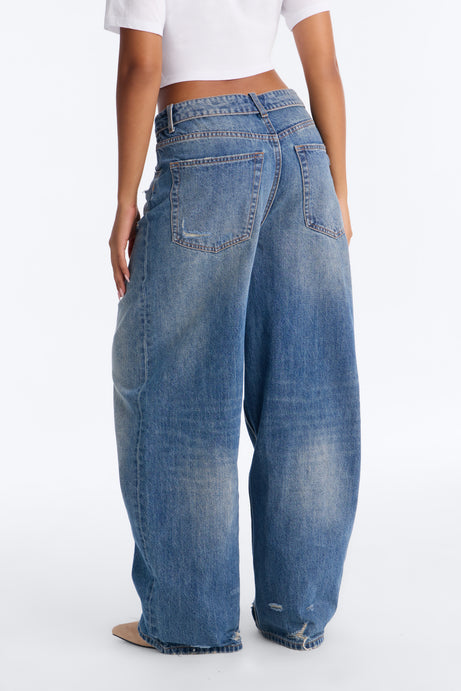 Weekend Boyfriend Foldover Baggy Wide Leg Jeans - Dark Wash