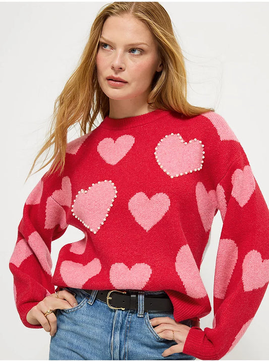 Red Heart Pearl Embellished Knitted Jumper
