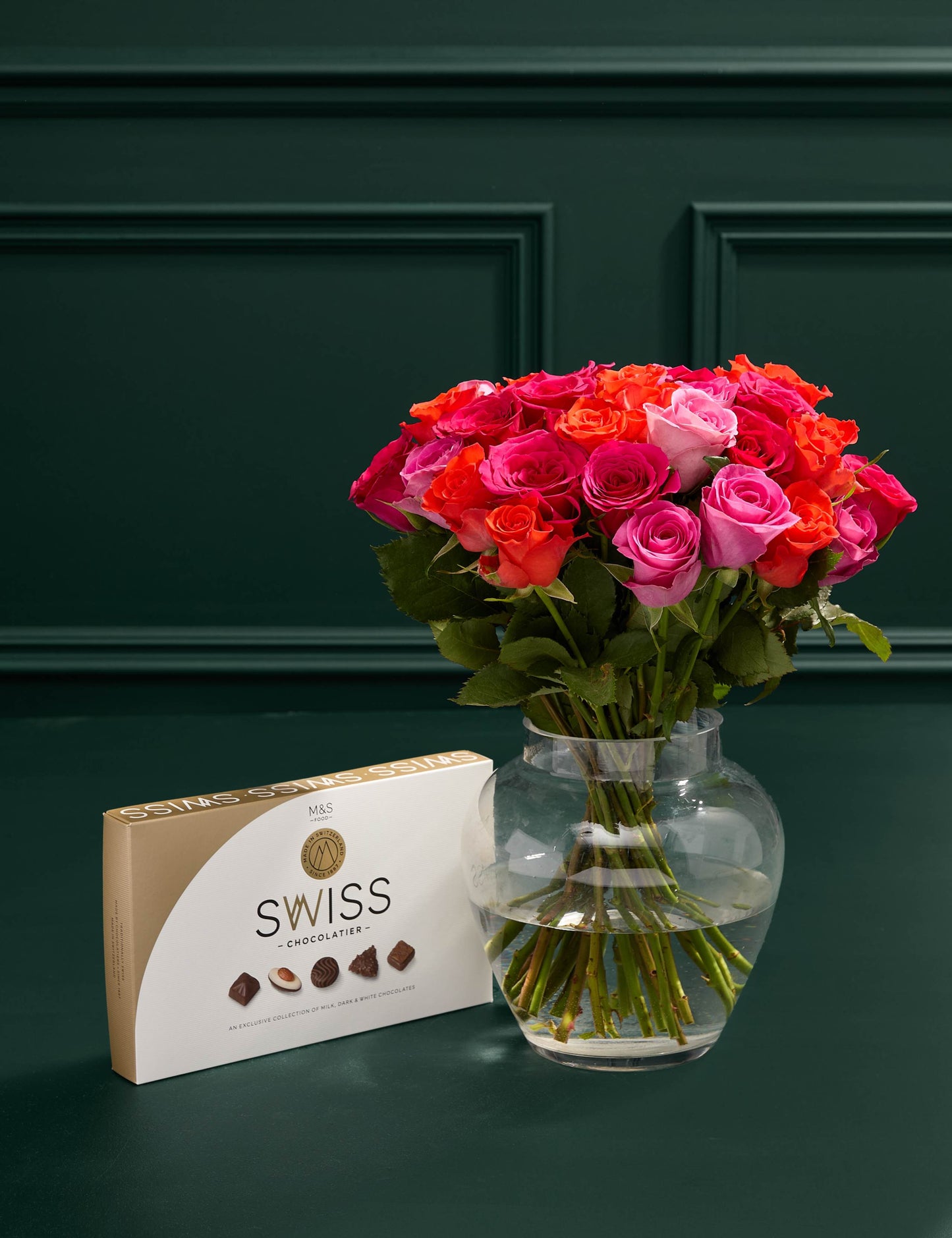 Radiant Rose Abundance Bouquet with Swiss Chocolates