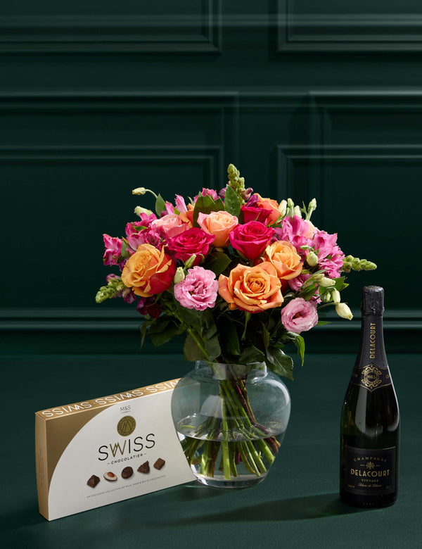 Roses, Lisianthus & Antirrhinum Bouquet with Chocolates & Vintage Champagne