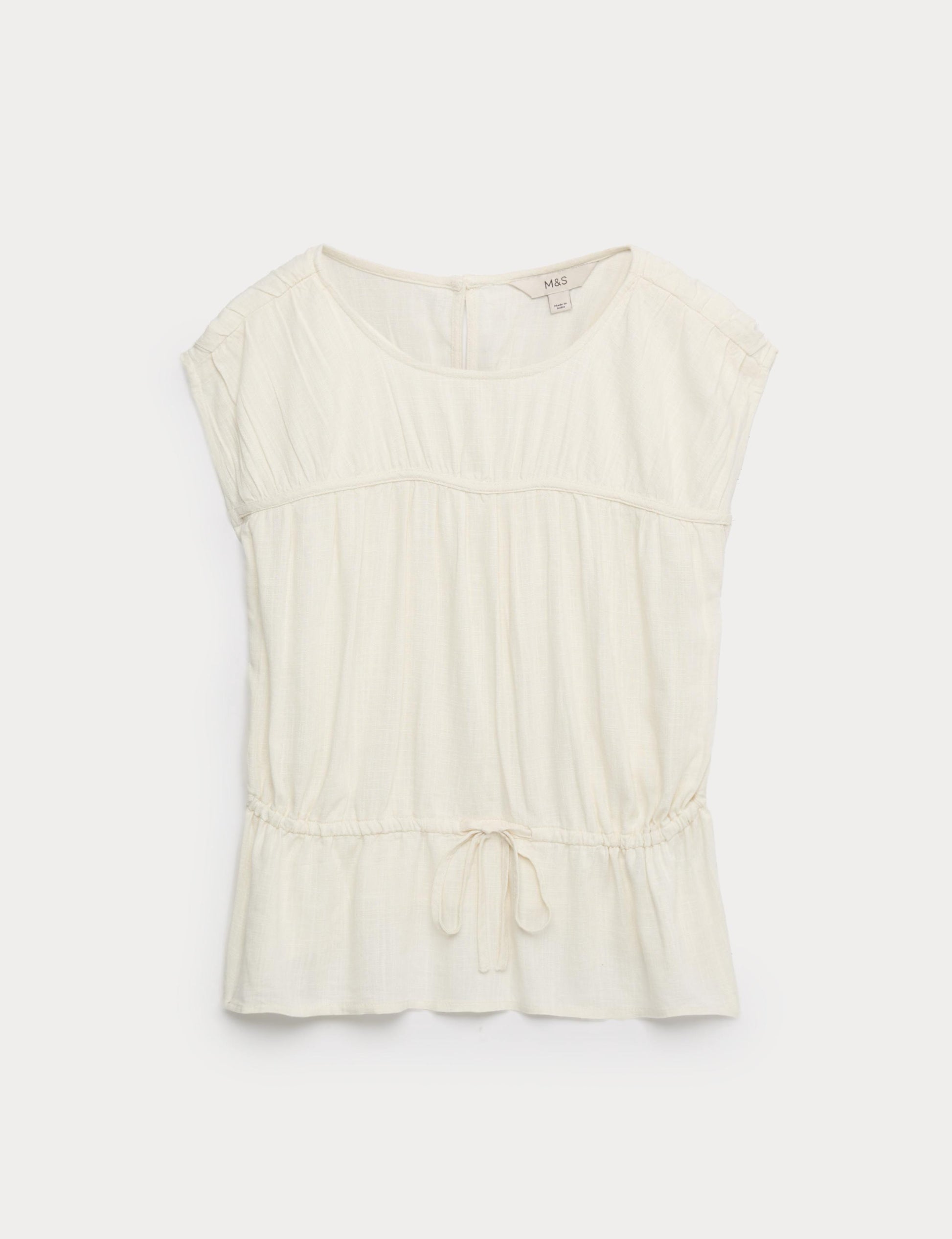 Ruched Scoop Neck Regular Fit Top with Linen