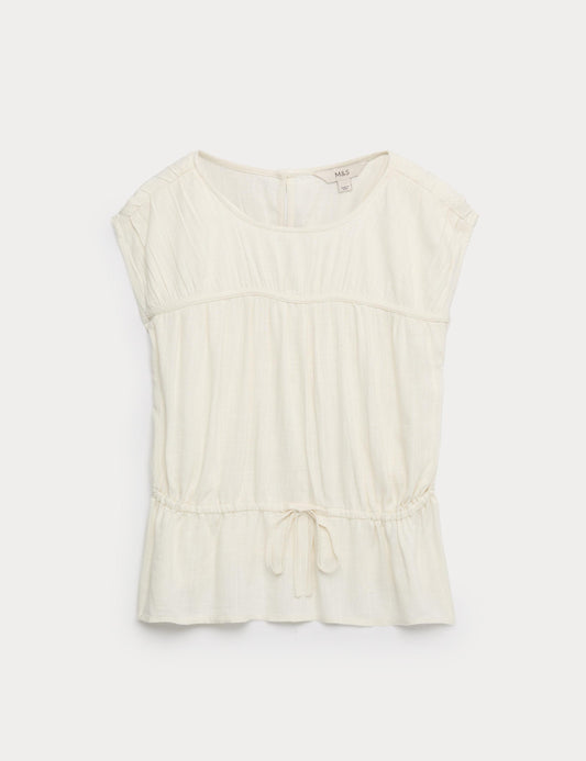 Ruched Scoop Neck Regular Fit Top with Linen