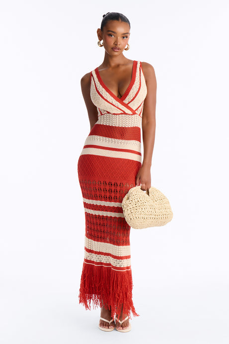 Coastal Getaway Crochet Maxi Dress - Rust/combo