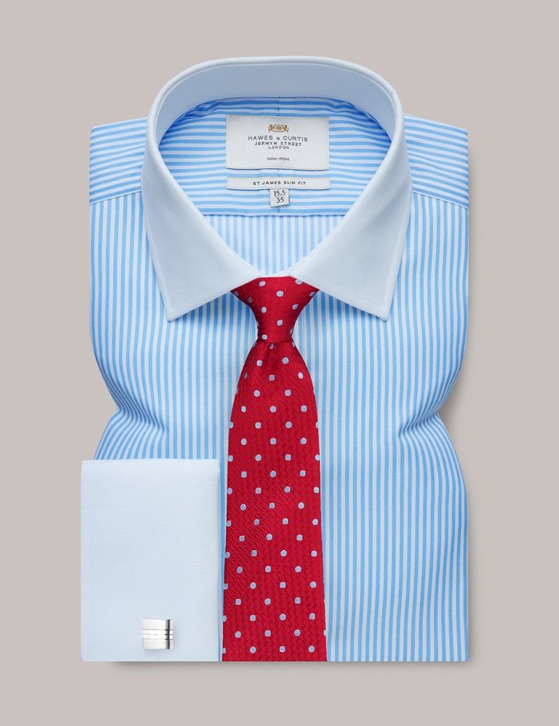 Slim Fit Blue & White Bengal Stripe Twill Non-Iron Shirt - Contrast Detail