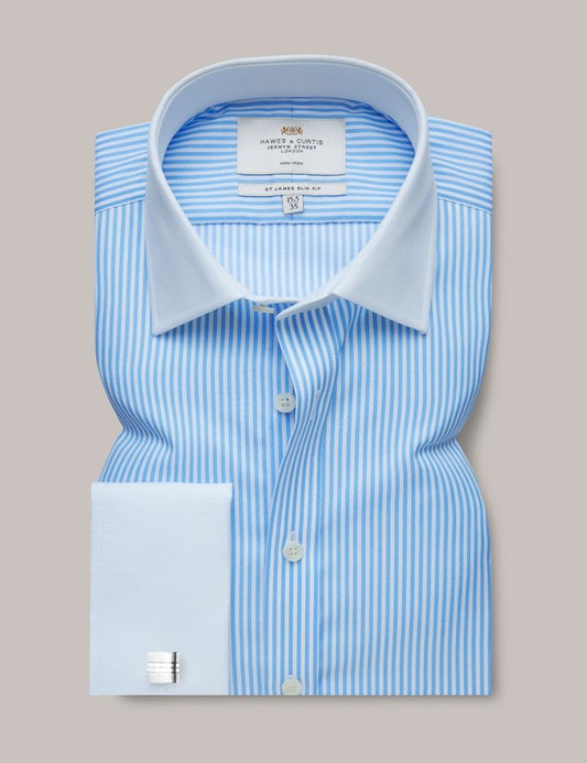 Slim Fit Blue & White Bengal Stripe Twill Non-Iron Shirt - Contrast Detail