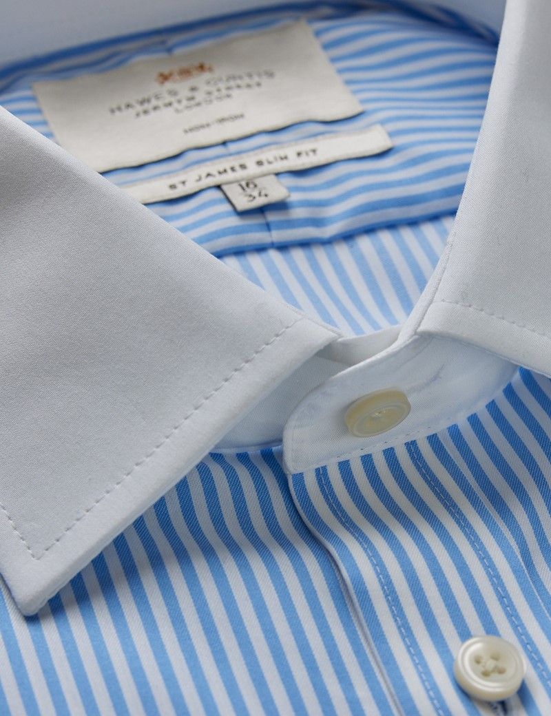 Slim Fit Blue & White Bengal Stripe Twill Non-Iron Shirt - Contrast Detail