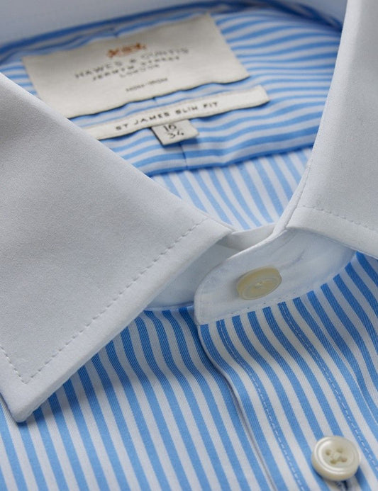 Slim Fit Blue & White Bengal Stripe Twill Non-Iron Shirt - Contrast Detail