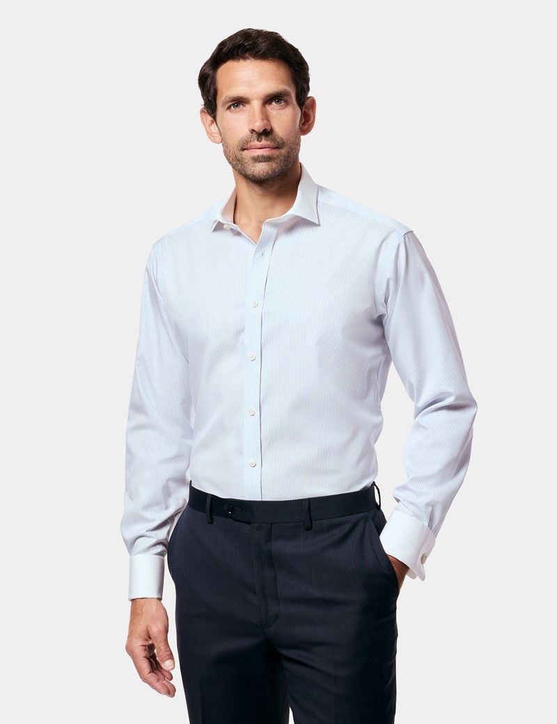 Slim Blue & White Fine Stripe Non-Iron Shirt - Contrast Detail