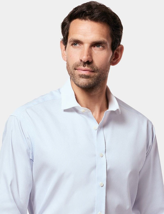 Slim Blue & White Fine Stripe Non-Iron Shirt - Contrast Detail