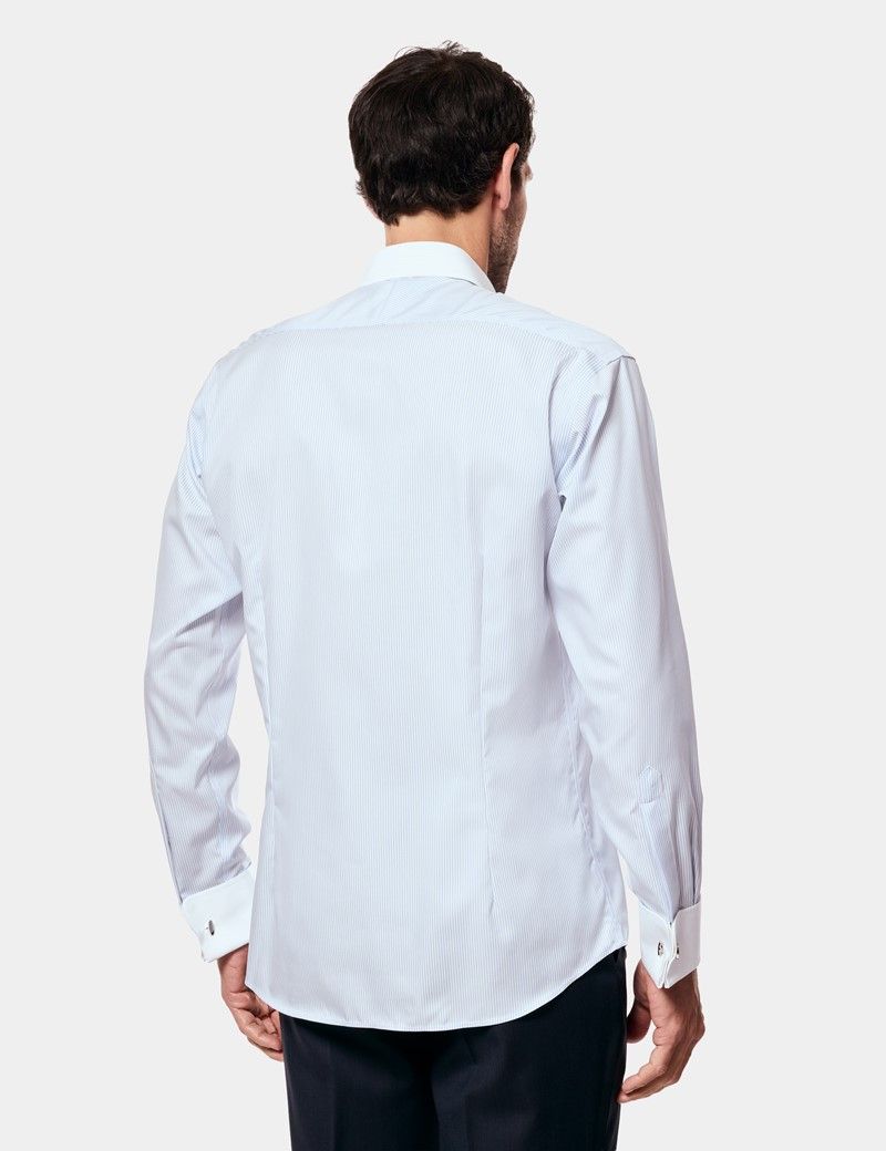 Slim Blue & White Fine Stripe Non-Iron Shirt - Contrast Detail
