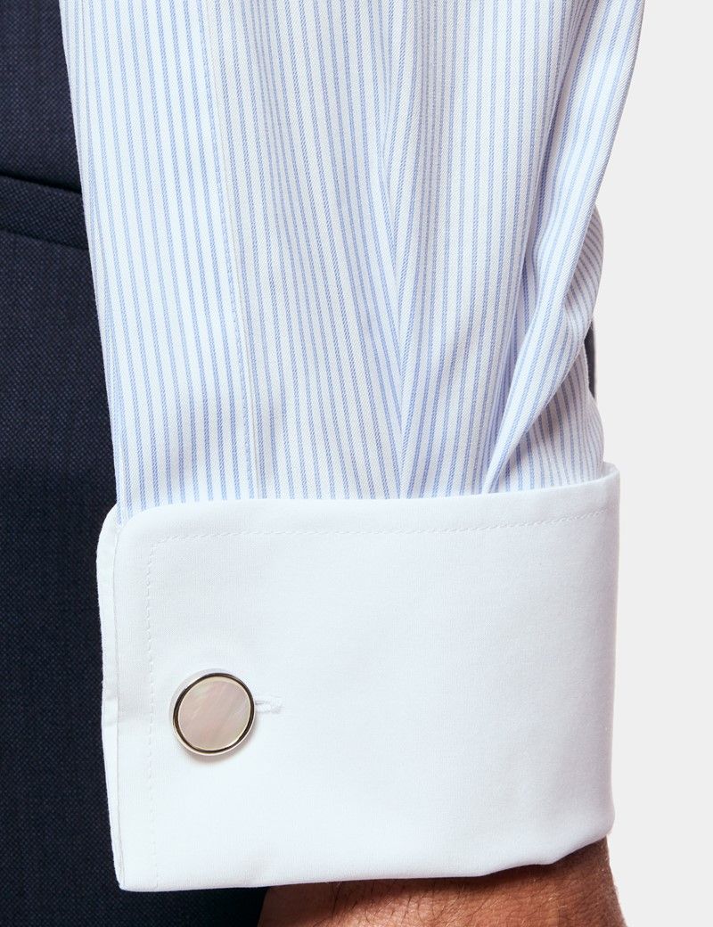 Slim Blue & White Fine Stripe Non-Iron Shirt - Contrast Detail