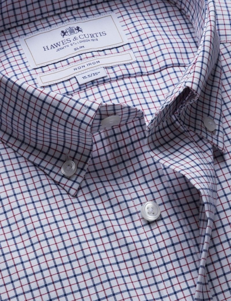 Slim Fit Navy & Red Multi Check Non-Iron Oxford Shirt