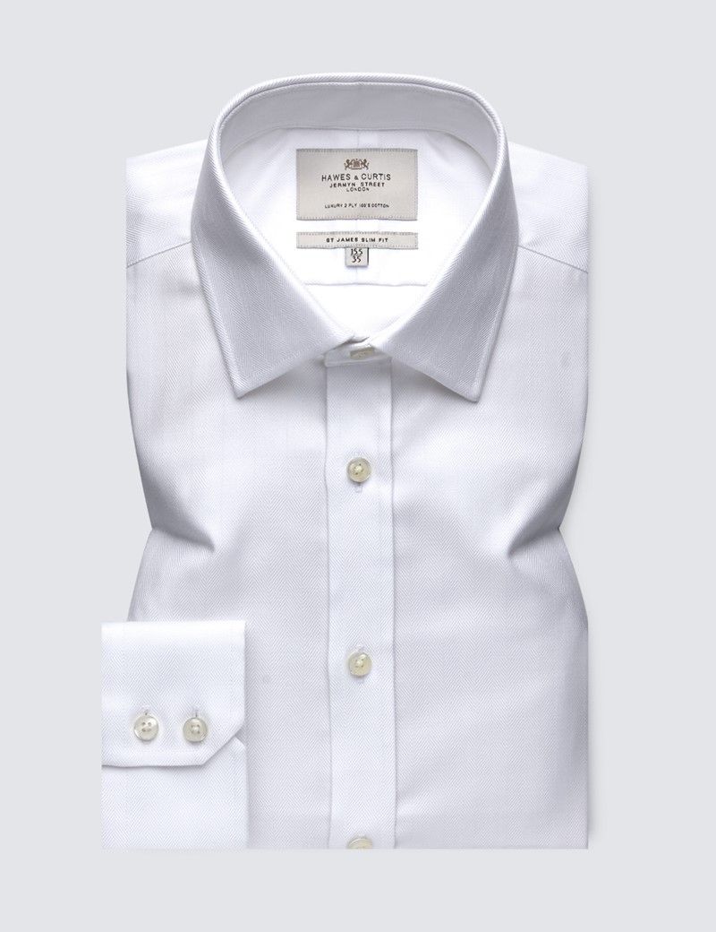 Slim Fit White Herringbone Shirt