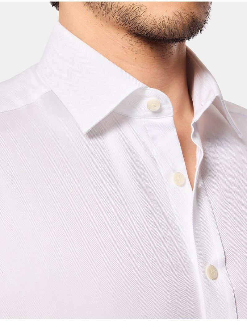 Slim Fit White Herringbone Shirt