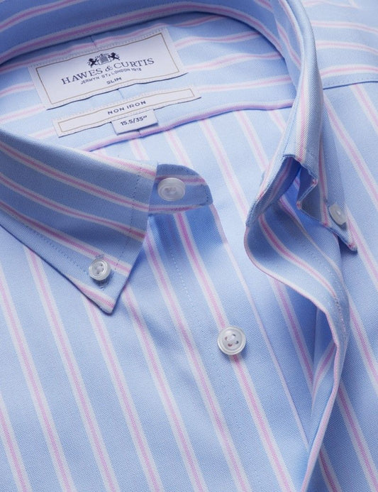 Slim Fit Blue & Pink Bold Stripe Pin Point Non-Iron Oxford Shirt