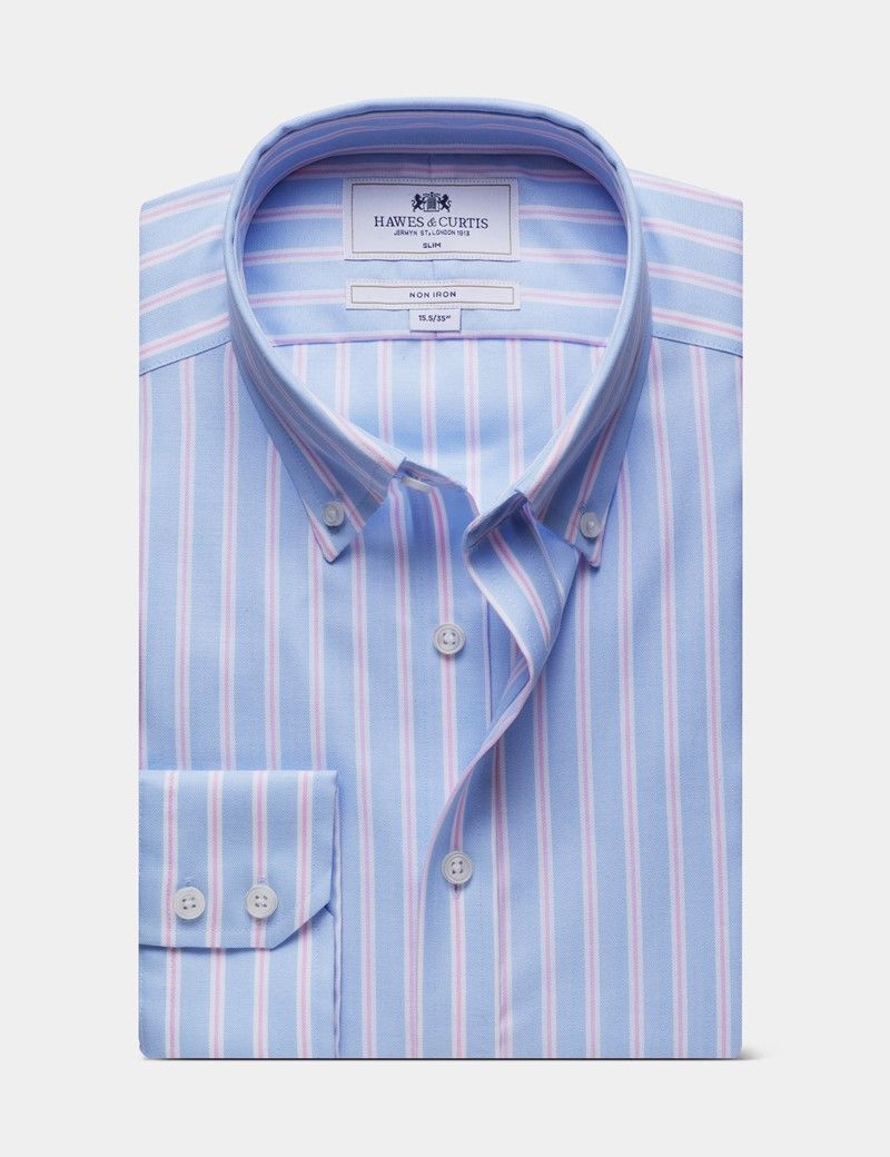 Slim Fit Blue & Pink Bold Stripe Pin Point Non-Iron Oxford Shirt