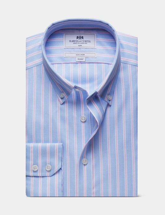Slim Fit Blue & Pink Bold Stripe Pin Point Non-Iron Oxford Shirt