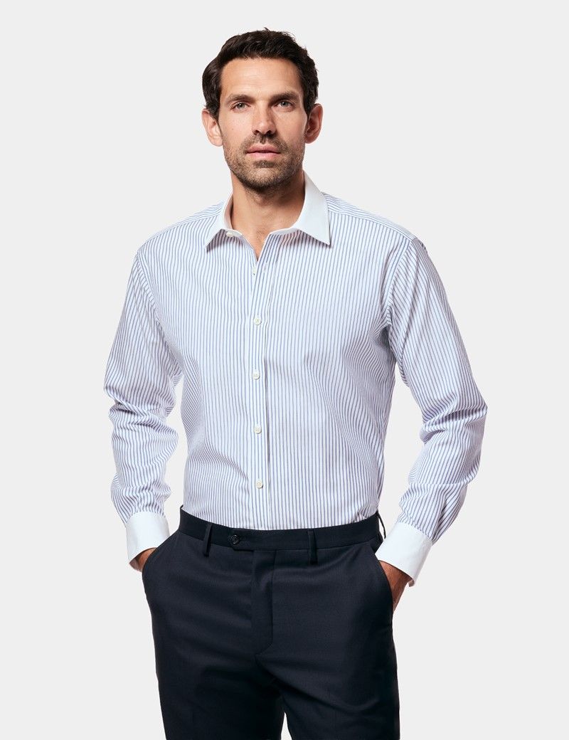 Slim Fit Blue & White Bi Stripe Non-Iron Shirt - Contrast Detail