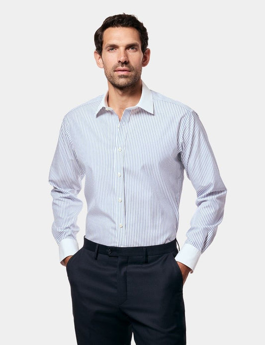 Slim Fit Blue & White Bi Stripe Non-Iron Shirt - Contrast Detail