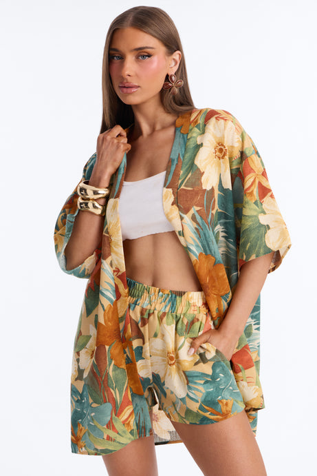 Relax & Renew Floral Linen Short Set - Green/combo