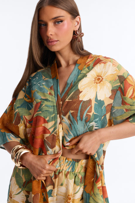 Relax & Renew Floral Linen Short Set - Green/combo