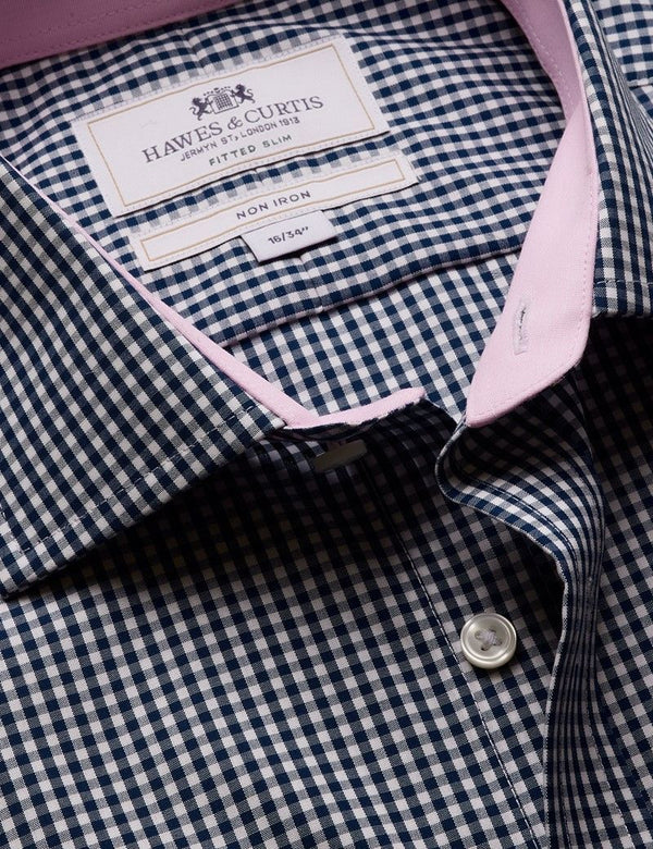 Slim Fit Navy & White Gingham Check Non-Iron Shirt - Contrast Detail