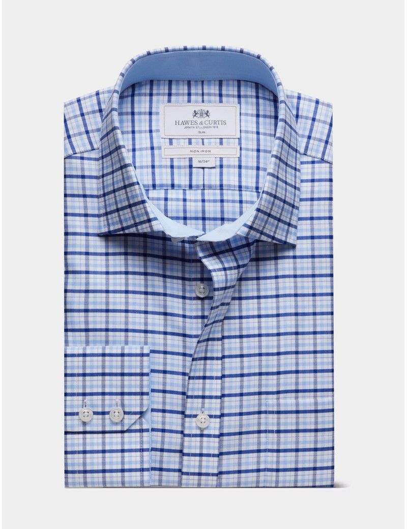 Slim Fit Blue & Navy Multi Check Non-Iron Shirt - Contrast Detail