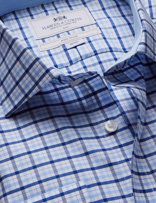 Slim Fit Blue & Navy Multi Check Non-Iron Shirt - Contrast Detail