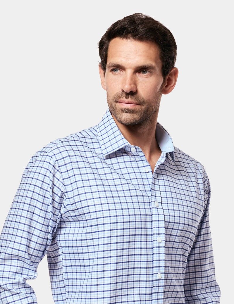 Slim Fit Blue & Navy Multi Check Non-Iron Shirt - Contrast Detail