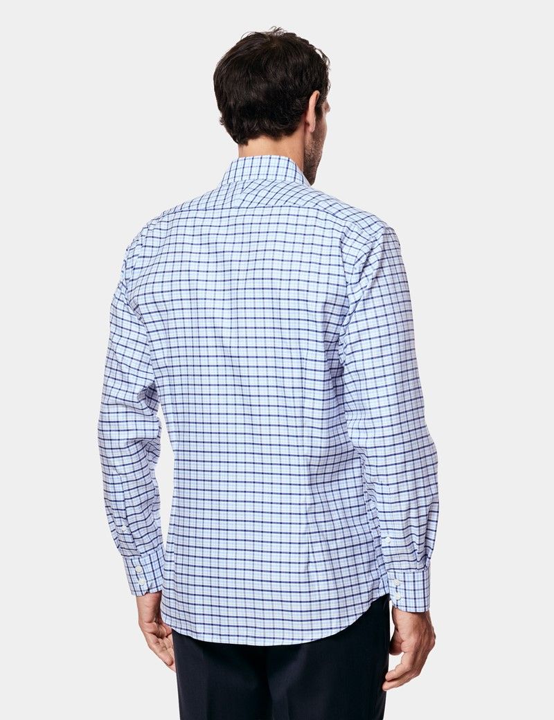 Slim Fit Blue & Navy Multi Check Non-Iron Shirt - Contrast Detail
