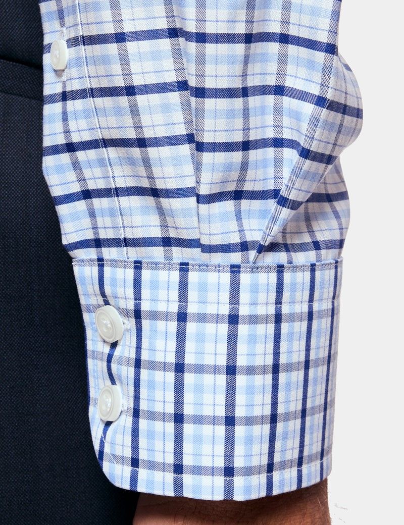 Slim Fit Blue & Navy Multi Check Non-Iron Shirt - Contrast Detail