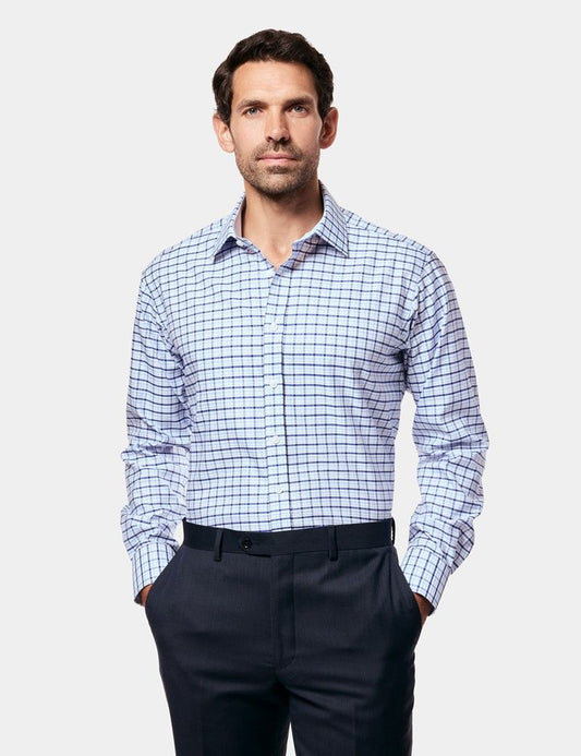 Slim Fit Blue & Navy Multi Check Non-Iron Shirt - Contrast Detail