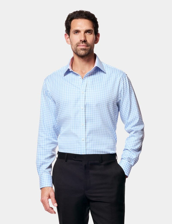 Slim Fit Blue & White Bold Check Non-Iron Shirt - Contrast Detail