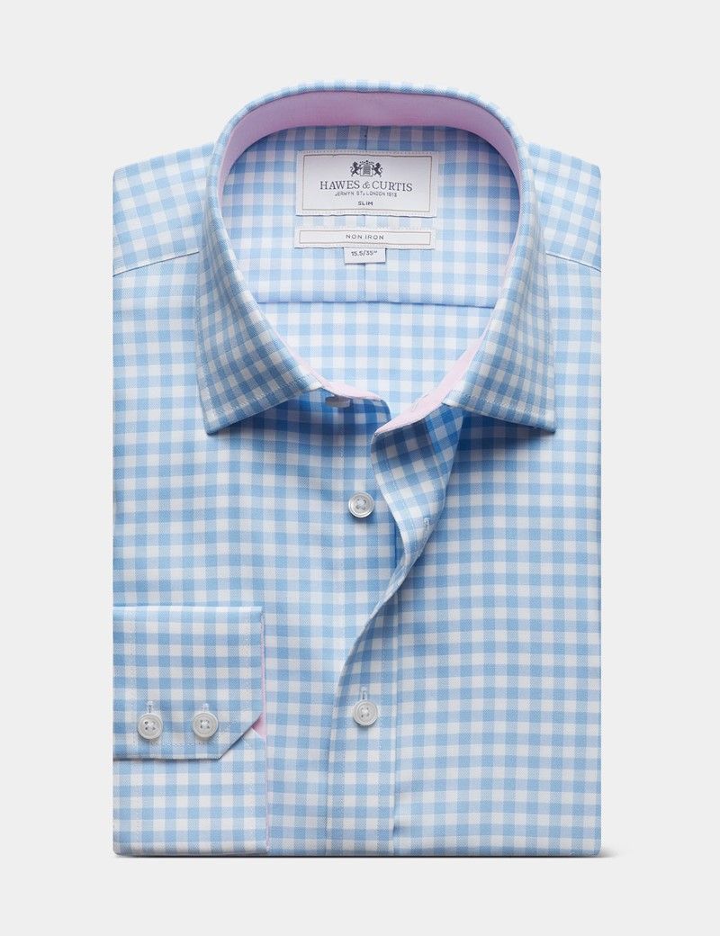 Slim Fit Blue & White Bold Check Non-Iron Shirt - Contrast Detail