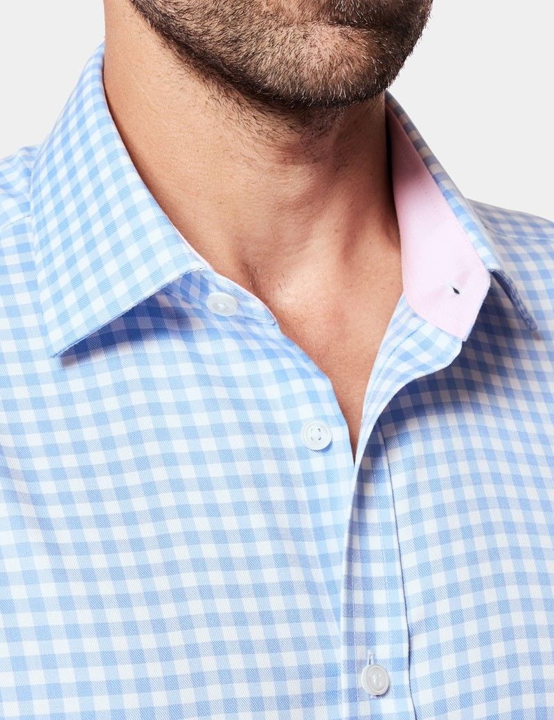 Slim Fit Blue & White Bold Check Non-Iron Shirt - Contrast Detail