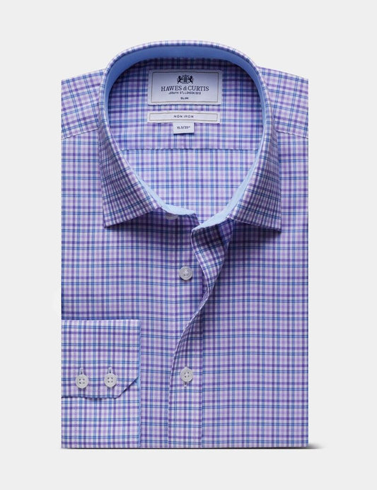 Slim Fit Blue & Purple Check Non-Iron Shirt - Contrast Detail